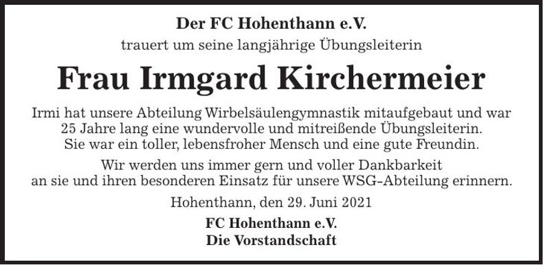 Traueranzeige Irmgard Kirchermeier