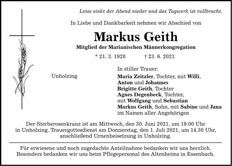 Traueranzeige Markus Geith