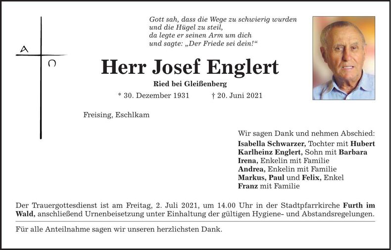 Traueranzeige Josef Englert