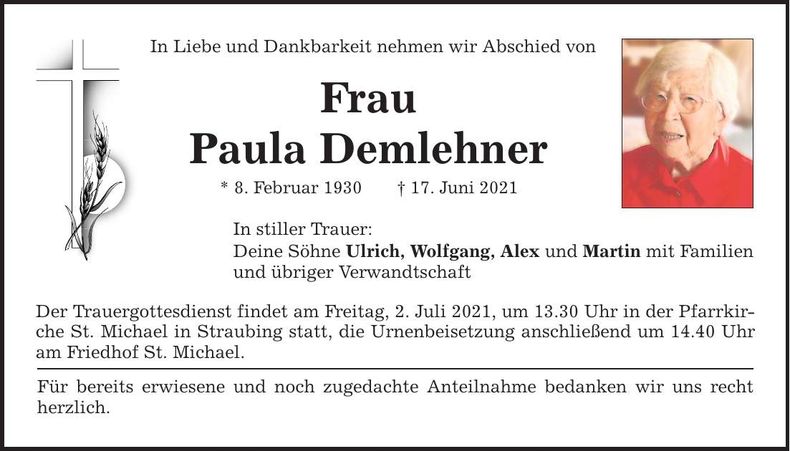 Traueranzeige Paula Demlehner