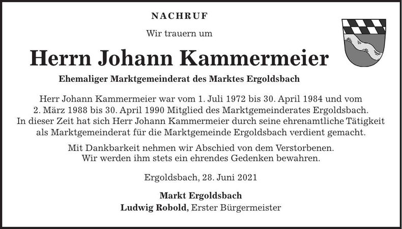 Traueranzeige Johann Kammermeier