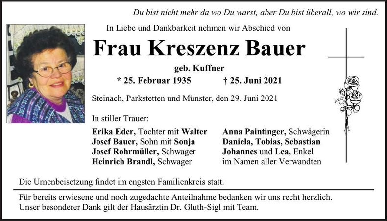 Traueranzeige Kreszenz Bauer