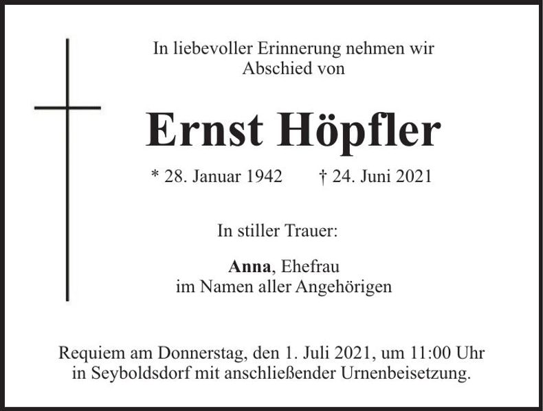 Traueranzeige Ernst Höpfler