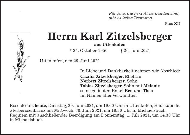 Traueranzeige Karl Zitzelsberger