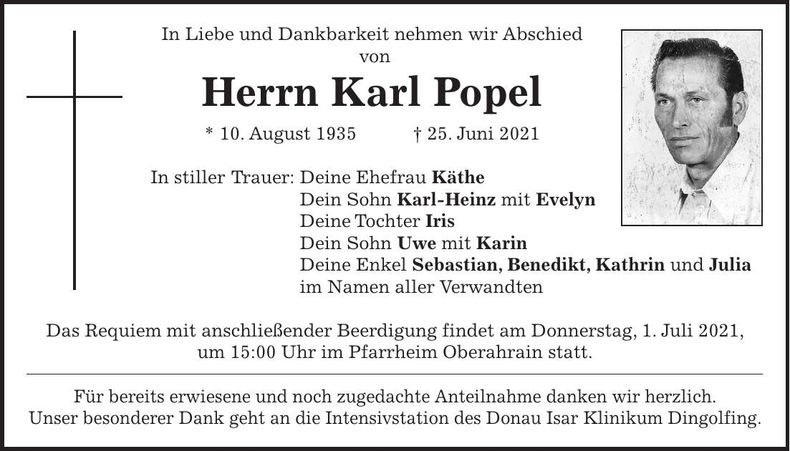 Traueranzeige Karl Popel