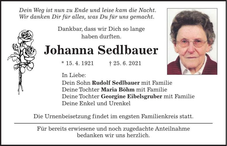 Traueranzeige Johanna Sedlbauer