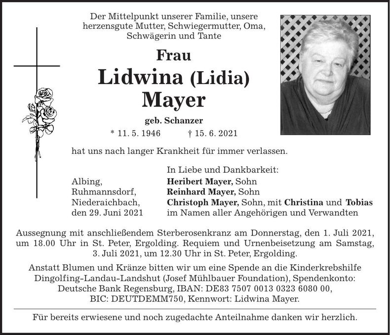 Traueranzeige Lidwina Mayer