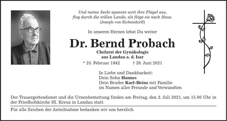 Traueranzeige Bernd Probach