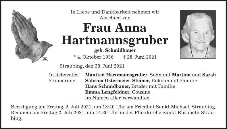 Traueranzeige Anna Hartmannsgruber