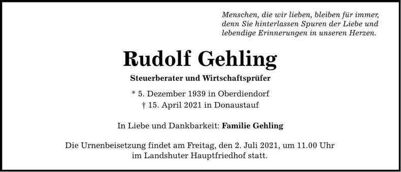 Traueranzeige Rudolf Gehling