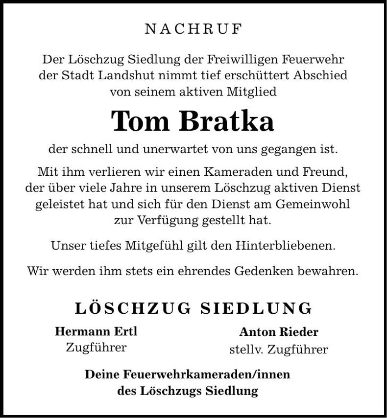 Traueranzeige Tom Bratka