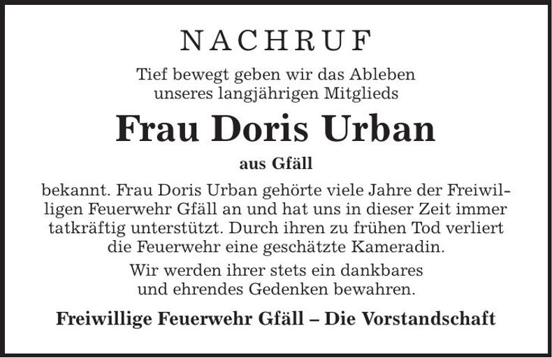 Traueranzeige Doris Urban