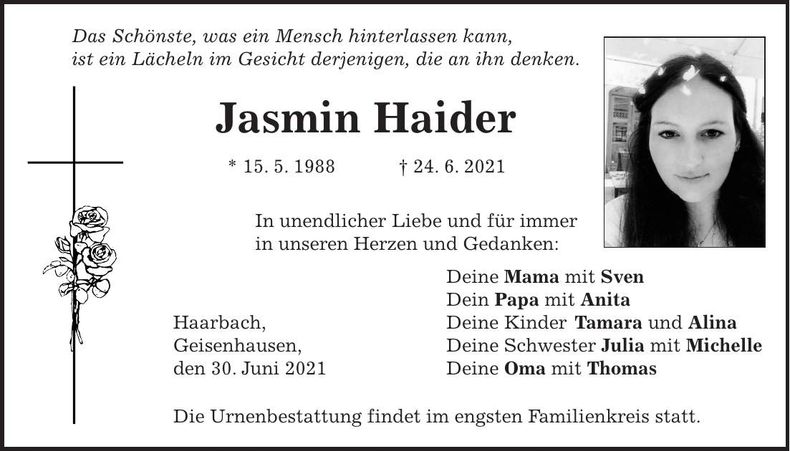 Traueranzeige Jasmin Haider