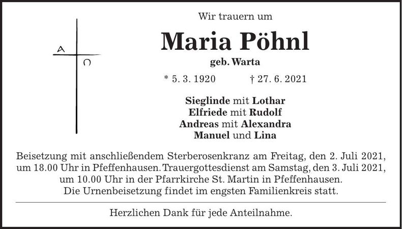 Traueranzeige Maria Pöhnl