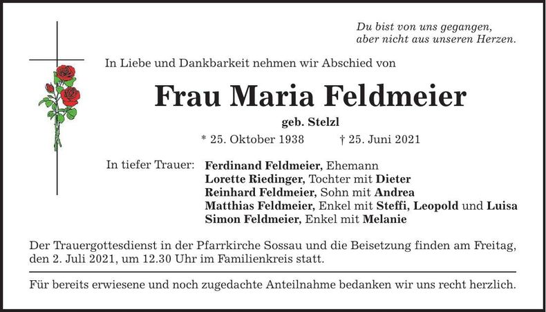 Traueranzeige Maria Feldmeier