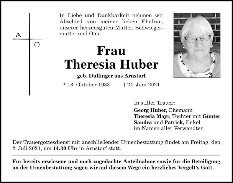Traueranzeige Theresia Huber