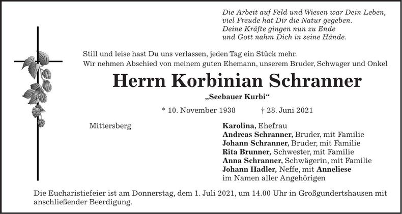 Traueranzeige Korbinian Schranner