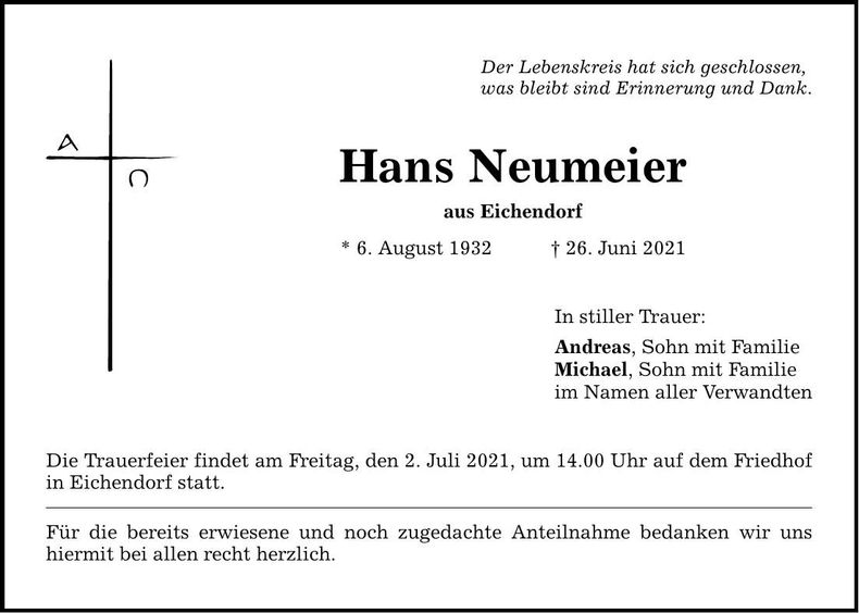 Traueranzeige Hans Neumeier