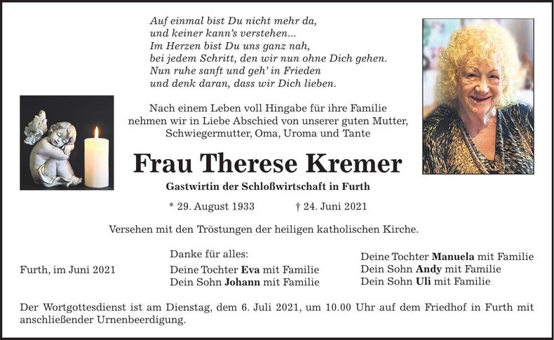 Traueranzeige Therese Kremer
