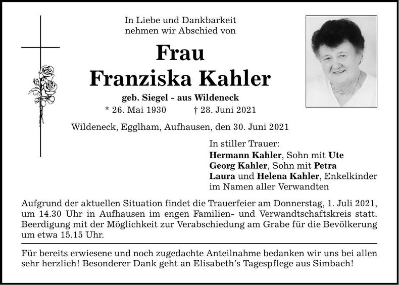 Traueranzeige Franziska Kahler