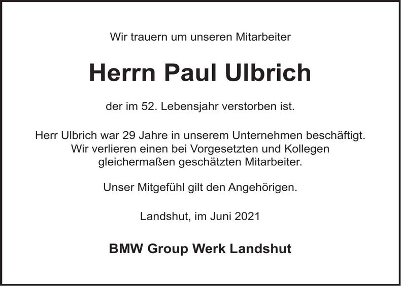 Traueranzeige Paul Ulbrich
