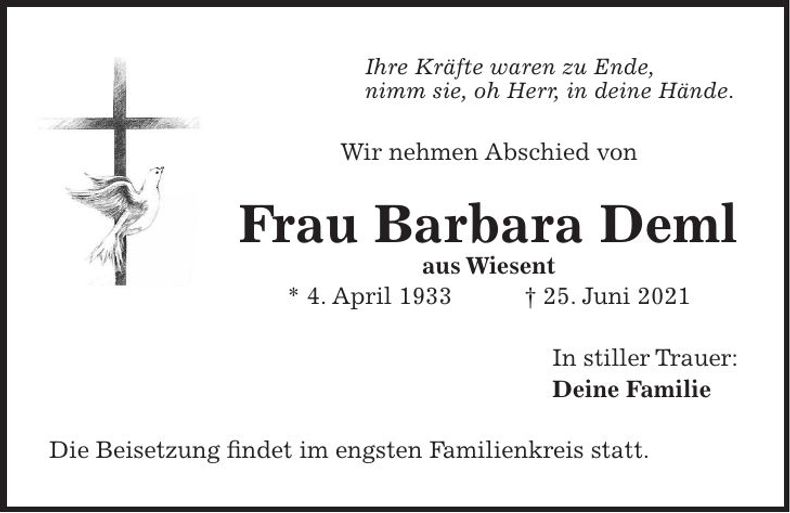 Traueranzeige Barbara Deml