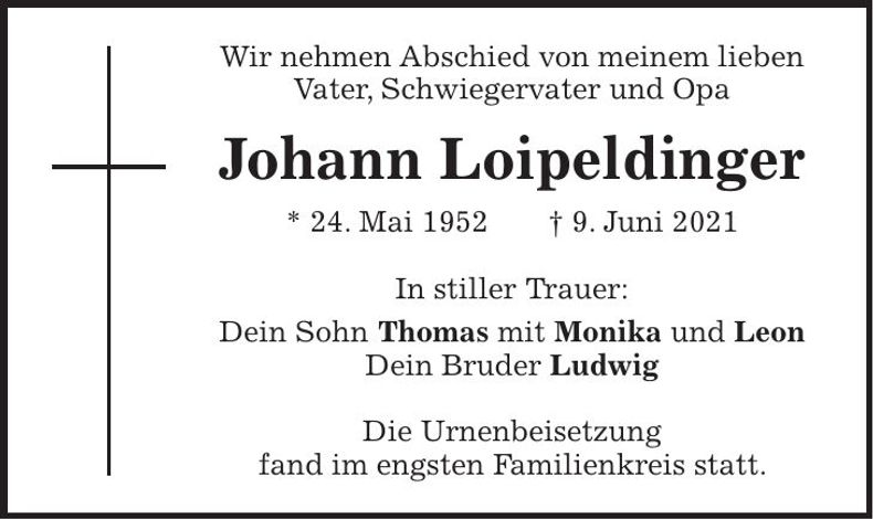 Traueranzeige Johann Loipeldinger