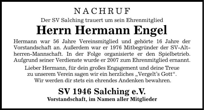 Traueranzeige Hermann Engel