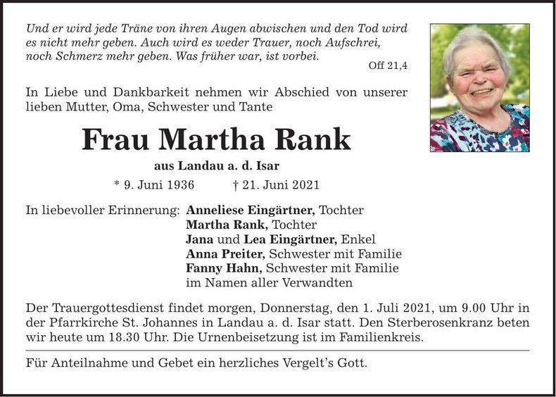 Traueranzeige Martha Rank