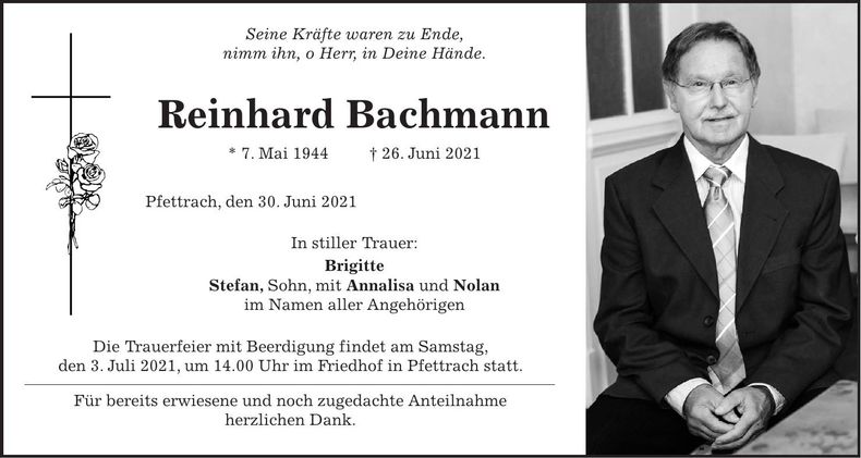 Traueranzeige Reinhard Bachmann