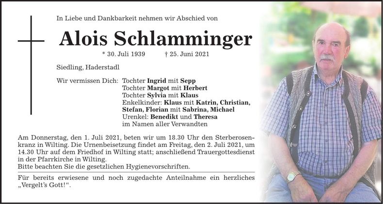Traueranzeige Alois Schlamminger