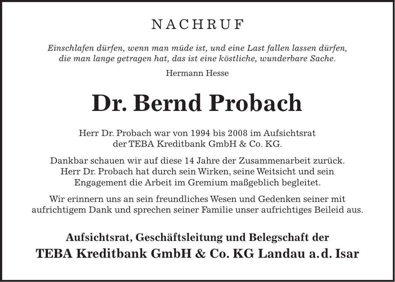 Traueranzeige Bernd Probach