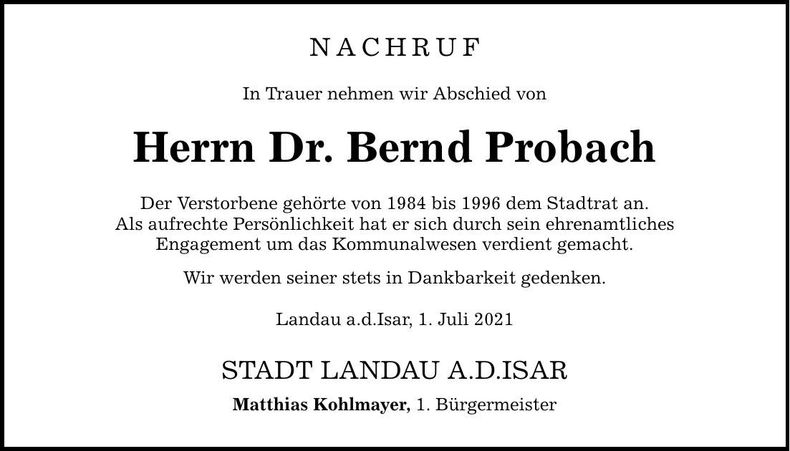 Traueranzeige Bernd Probach