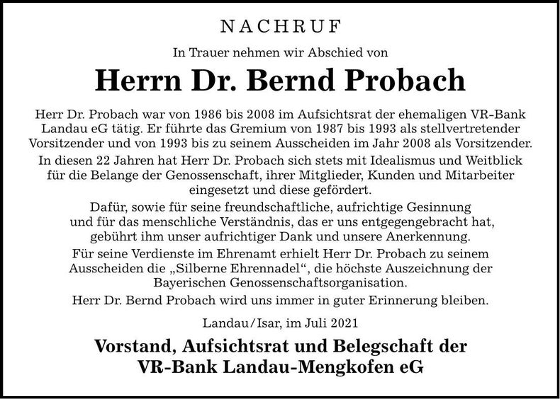 Traueranzeige Bernd Probach