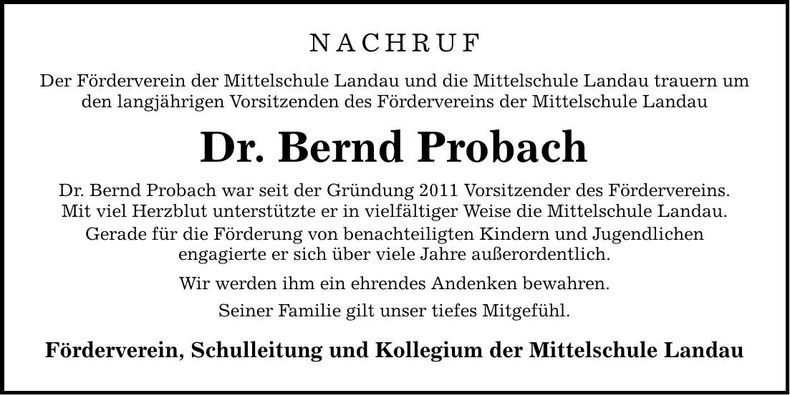 Traueranzeige Dr. Bernd Probach