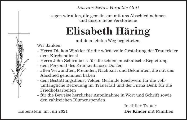 Traueranzeige Elisabeth Häring