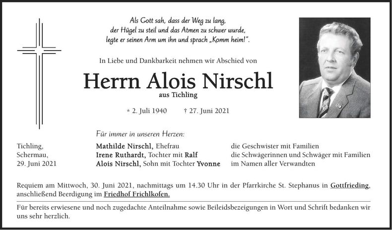 Traueranzeige Alois Nirschl
