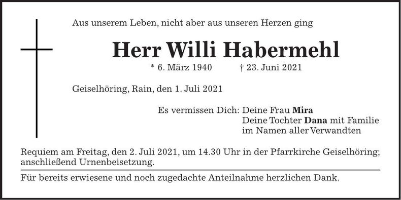 Traueranzeige Willi Habermehl
