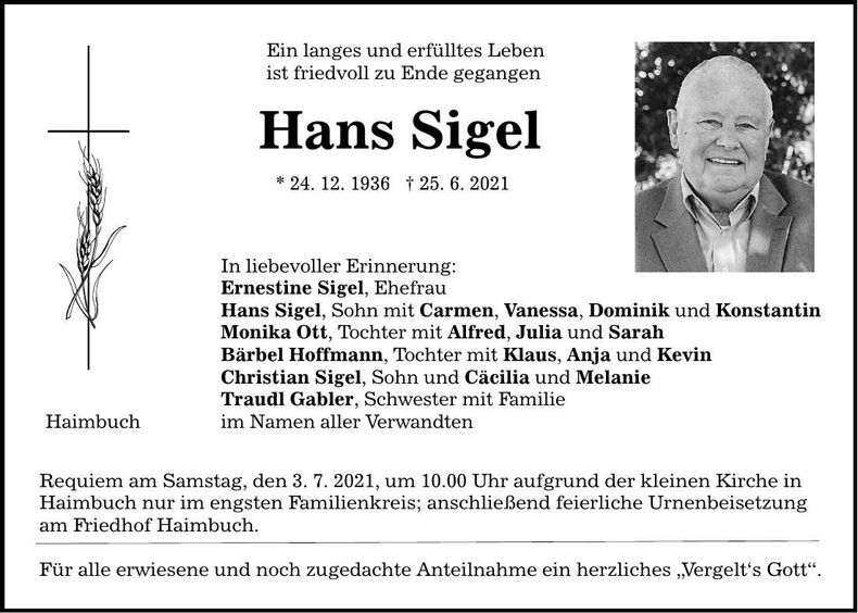 Traueranzeige Hans Sigel