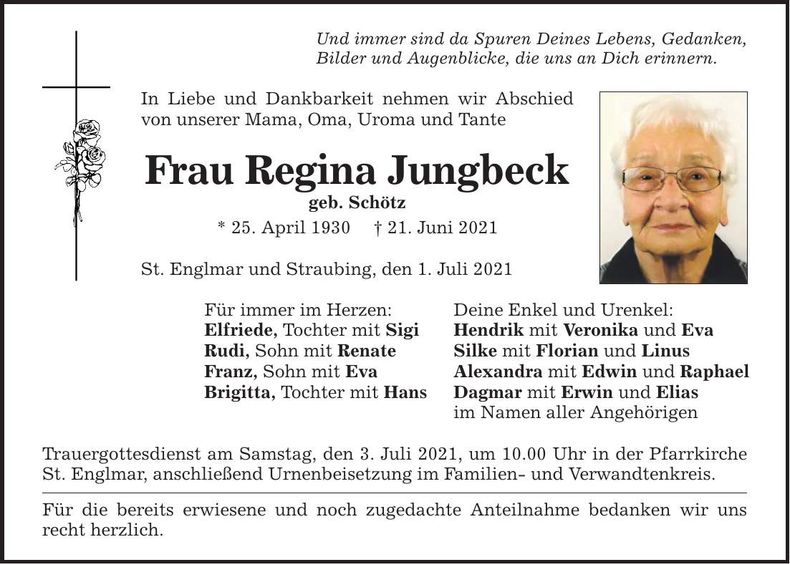 Traueranzeige Regina Jungbeck