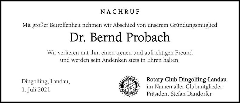 Traueranzeige Bernd Probach