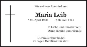 Traueranzeige Maria Leib
