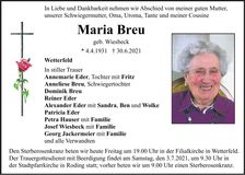 Traueranzeige Maria Breu