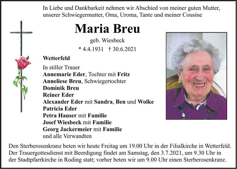 Traueranzeige Maria Breu