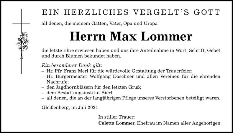 Traueranzeige Max Lommer