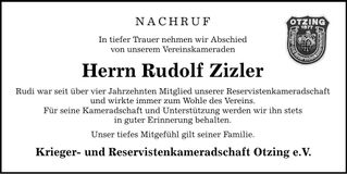 Traueranzeige Rudolf Zizler