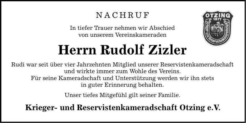 Traueranzeige Rudolf Zizler