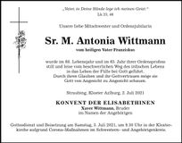 Traueranzeige Antonia Sr. M. Antonia Wittmann