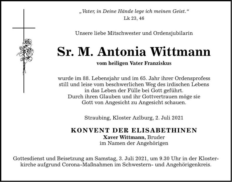 Traueranzeige Antonia Sr. M. Antonia Wittmann