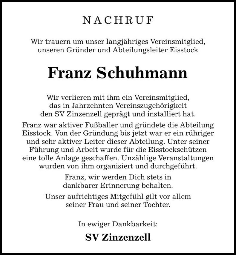 Traueranzeige Franz Schuhamm